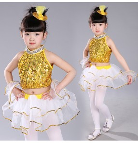 Royal blue gold yellow white patchwork sequins paillette princess girls kids children stage performance modern dance jazz dancing outfits costumes