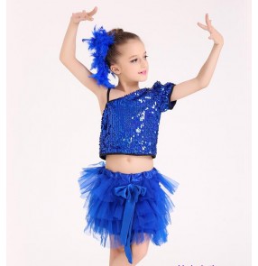 Royal blue sequins modern dance toddlers girls kids children hip hop jazz singers performance dancing outfits costumes