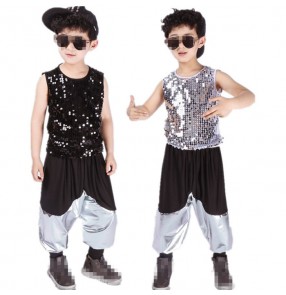 Silver black sequins paillette modern dance boys kids children hip hop jazz singers dance outfits costumes 
