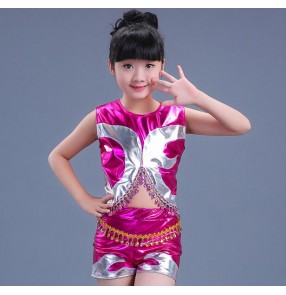 Silver fuchsia hot pink gold patchwork leather short sleeves girls kids children hip hop jazz performance dance costumes