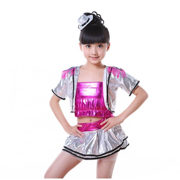 Silver sequins hot pink glitter patchwork girls modern dance jazz ...