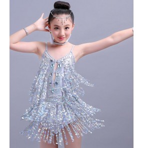 Silver white sequins paillette fringes girls kids children toddlers competition performance latin salsa dance dresses costumes 