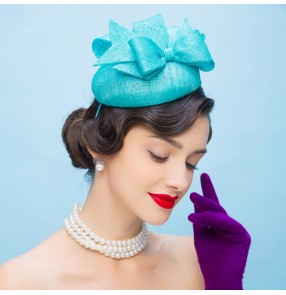 Turquoise Black women's facinators feather pillbox hat wedding party fedoras 100% linen