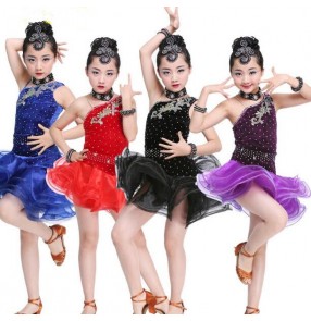 Velvet rhinestones one shoulder fashion girls kids children performance cha cha latin salsa dance dresses