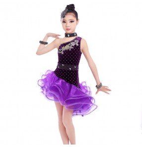 Violet purple velvet rhinestones competition girls latin dance Dress Child Girls Kids Latin Dresses Girls salsa cha cha Dance dresses Costumes