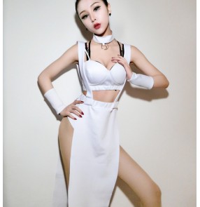 White army green split set women's ladies hot dance night club leader singers dancers performance dj ds  outfits costumes 