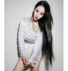 White layers fringes sexy fashion women's ladies performance leader singers dancers dj ds night club jazz costumes outfits