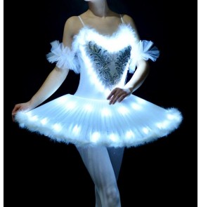White women's ladies professional competition swan lake led glitter stage performance tutu skirt ballet dance dresses costumes