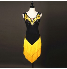 yellow black rhinestones Latin Dance Dresses Women/ Fringes long Skirt Ballroom/Tango/Rumba/Latin Dresses Clothings For Dancer