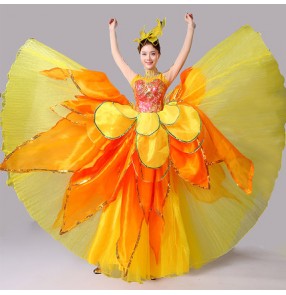 Yellow gold petals flamenco women's ladies performance competition ballroom Spanish bull dance dresses outfits