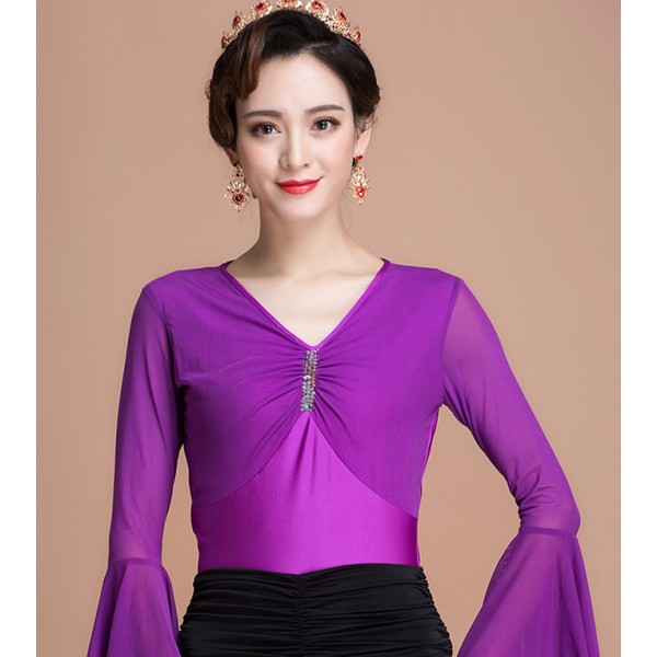 Purple violet Long flare sleeves V neck spandex competition performance ...