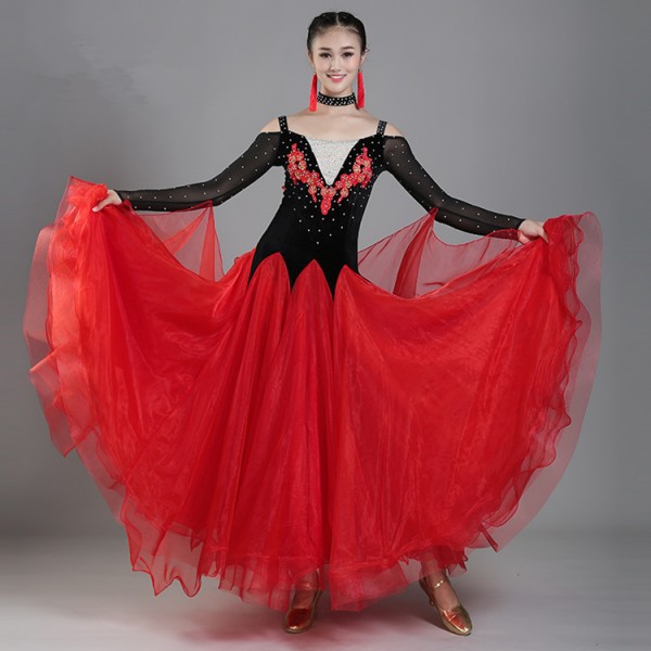 Red gold white Ballroom dance costumes sexy senior stones long sleeves ...