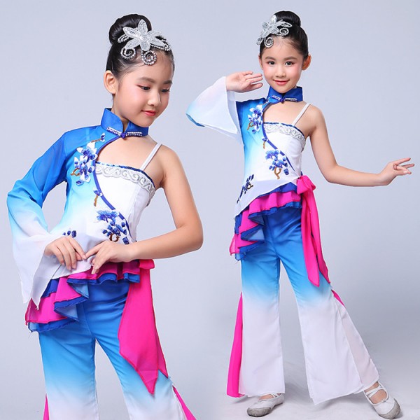 Blue gradient girls Chinese Folk Dance Costume Kids Stage Chinese ...