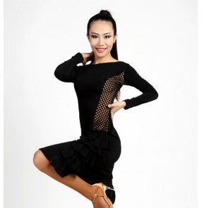 Adult women female ladies black long sleeves competition professional latin salsa samba cha cha rumba dance dresses 