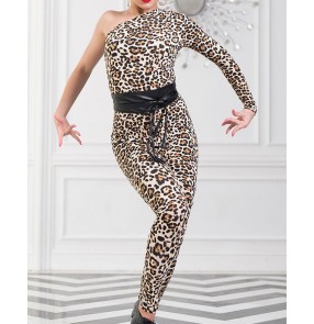 Adults Black leopard Latin dance gymnastics performance practice rompers Tights For Dance Women Dance one shoulder Bodysuit Leotard