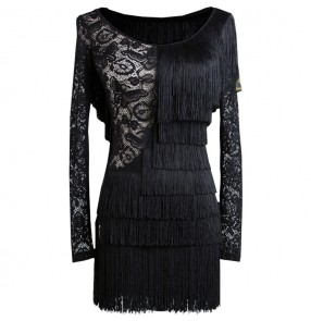 Black lace  backless layers fringes skirts women female sexy competition latin ballroom dance dresses