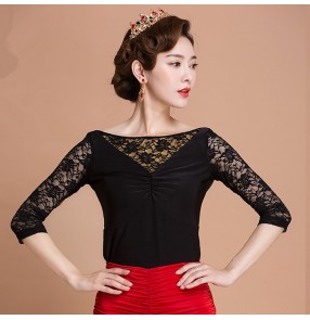 Black lace patchwork half sleeves turtle neck women's ladies competition stage performance latin ballroom dance shirts tops 