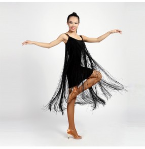 Black long fringes women's ladies female competition performance latin samba salsa cha cha dance dresses