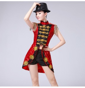 Black red patchwork sequined girls women's performance modern dance tuxedo tops hip hop jazz dance costumes outfits 