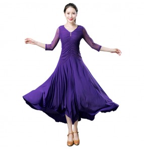Black violet long mesh sleeves competition back with lace competition gymnastics women's girls ballroom tango waltz dance dresses