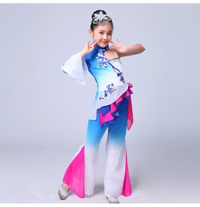 Blue gradient girls Chinese Folk Dance Costume Kids Stage Chinese Classical Fan Dance Costumes Yangko Dance for Child Umbrella Dance Clothing