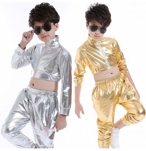 Boys children kids Silver gold leather party show school competition hip hop jazz singers drummer stage performance cosplay dance outfits costumes