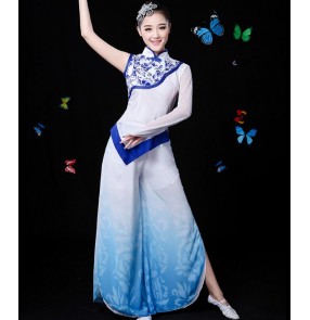 China blue white traditional chinese folk dance costumes clothing for women dance chinese national folk dance costume women costume for fan