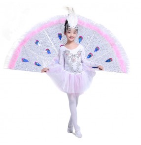  Girls children kids stage performance party film games cosplay new near celebration White feather peacock sequined  folk dance dresses costumes