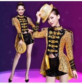 Gold sequins women Jazz Dance Stage Costumes For Singers Hip Hop Dance tuxedo tops shorts Female Ds Dj paillette Nightclub costumes