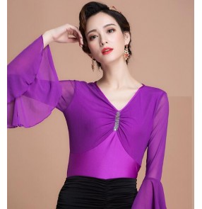 Purple violet Long flare sleeves V neck spandex competition performance ballroom latin cha cha dance tops blouses