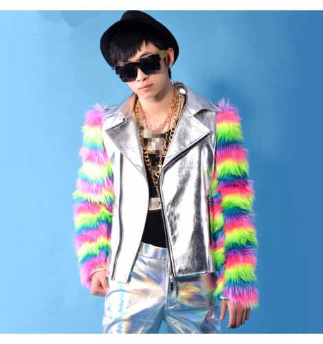 Rainbow colored faux fur sleeves pu leather patchwork fashion men's ...