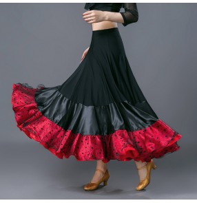  red Black ribbon striped patchwork fashion women'e female competition practice ballroom waltz tango dance long skirts