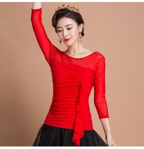 Red fringes halter neck hollow shoulder sexy fashion women's adult stage performance competition ballroom tango waltz latin dance tops shirts blouses