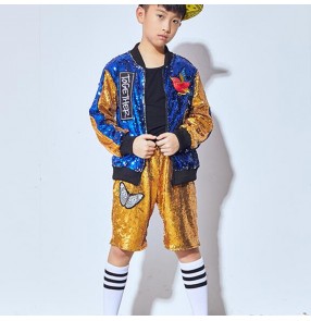 Royal blue gold sequined boy's kids children fashion school competition model show performance singers jazz hip hop dance costumes outfits