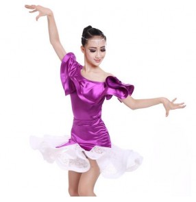 Turquoise black violet satin spandex shiny Competition girls kids children performance latin ballroom dance dresses