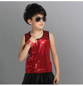 Turquoise blue black red sequins paillette fashion boys kids children toddlers baby stage performance hip hop jazz dance vests tops 