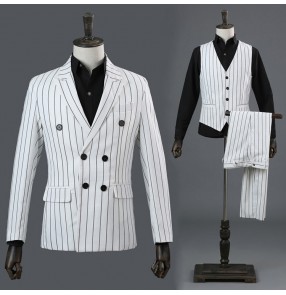 White striped fashion men's male competition stage performance groomsman photos host singers dancers blazers pants costumes outfits sets