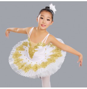 White with gold embroidery pattern girls kids children competition performance cosplay swan lake tutu skirts ballet dance costumes