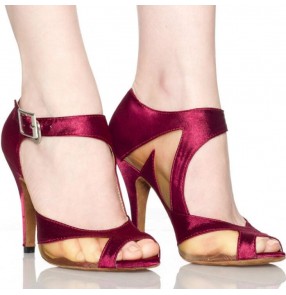 Wine red black satin High Heel Satin Women's Latin Dance Shoes Ballroom Shoe Sandals 7.5cm Heel  Dancing Shoes Salsa