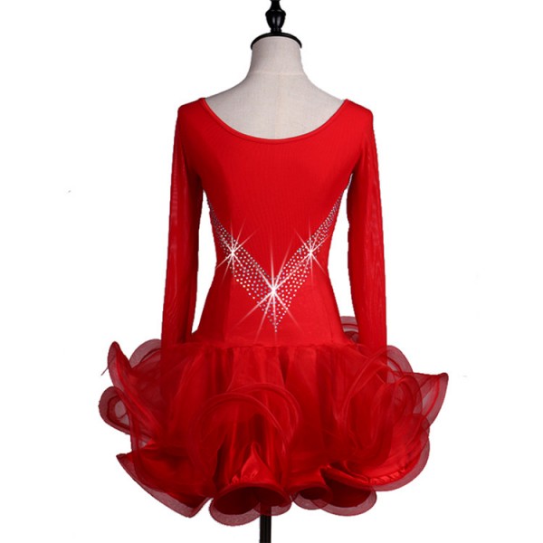 Red long sleeves ruffles skirts women's ladies rhinestones competition ...