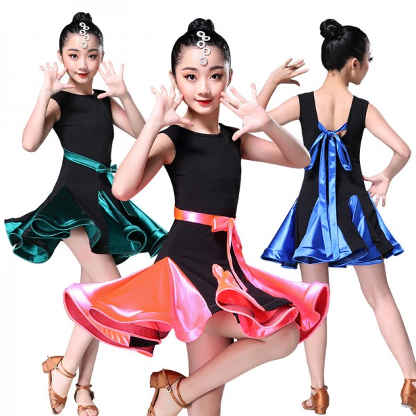 Girl's latin dresses for kids children green pink blue sleeveless ...