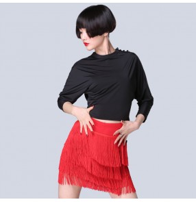 Black and red fringes patchwork women latin dress fashion competition salsa cha cha rumba dance dresses costumes