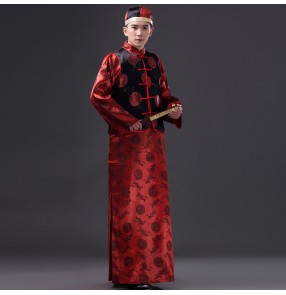 Black and red Men's Folk Costume Robe Vest Male Tang Suit Chinese Traditional Costume Red Groom Clothes Chinese Movie cosplay Costumes