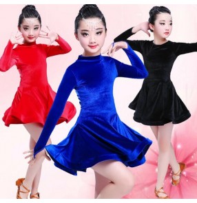 Black and red royal blue velvet long sleeves competition professional girl's kids children latin ballroom dance dresses