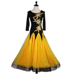 Black and yellow patchwork middle long sleeves competition professional women's girl's standard ballroom waltz tango dance dresses