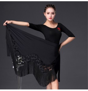 Black lace patchwork fringes triangle women's girl's female competition stage performance ballroom latin dance hipscarf wrap skirts