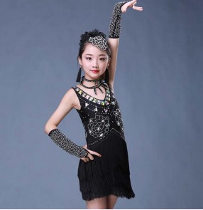 Black rhinestones competition stage performance girl's kids children ballroom salsa latin dance dresses costumes