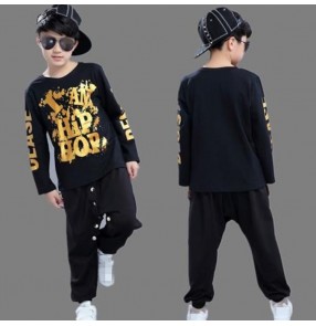 Black with gold printed boys girls school play stage performance  fashion hip hop jazz singer dance ds dance Top pants costumes outfits