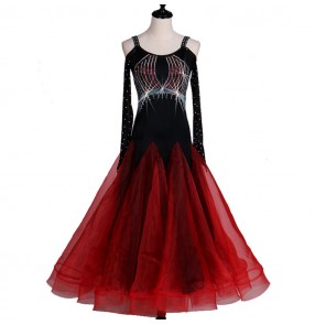 Black with red rhinestones backless competition long sleeves women's female professional ballroom waltz tango dance dresses