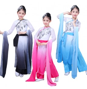 Chinese folk dance costumes for girls kids children blue pink black stage performance ancient traditional fairy dance dresses